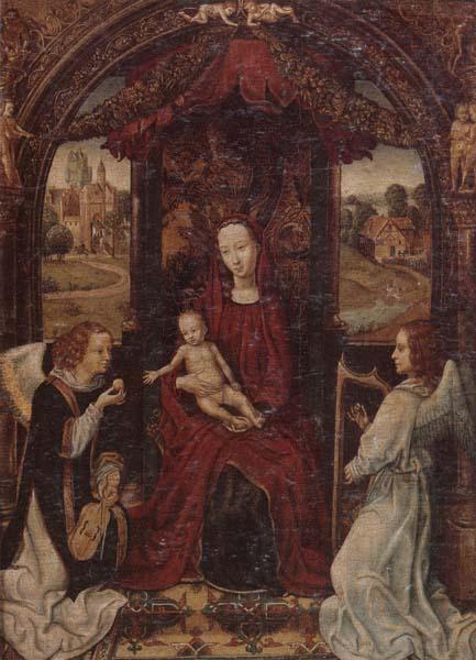 The madonna and child enthroned,attended by angels playing musical instruments, unknow artist